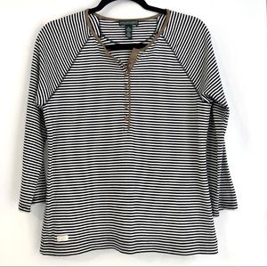 Lauren Jeans Company Blue & White Striped Henley Top w/ Faux Suede Trim Sz Large